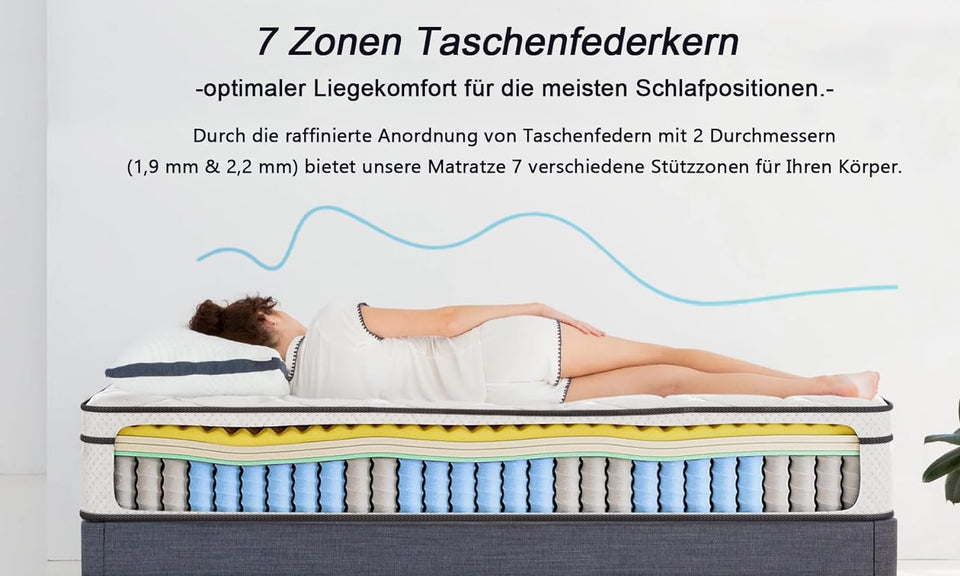 Vesgantti Matratze 90x200 7-Zonen Federkernmatratze Taschenfederkernmatratze Mittelfeste Orthopädischem Tonnentaschenfederkernmatratze (H3, Box-top 26cm) matratze matratzen