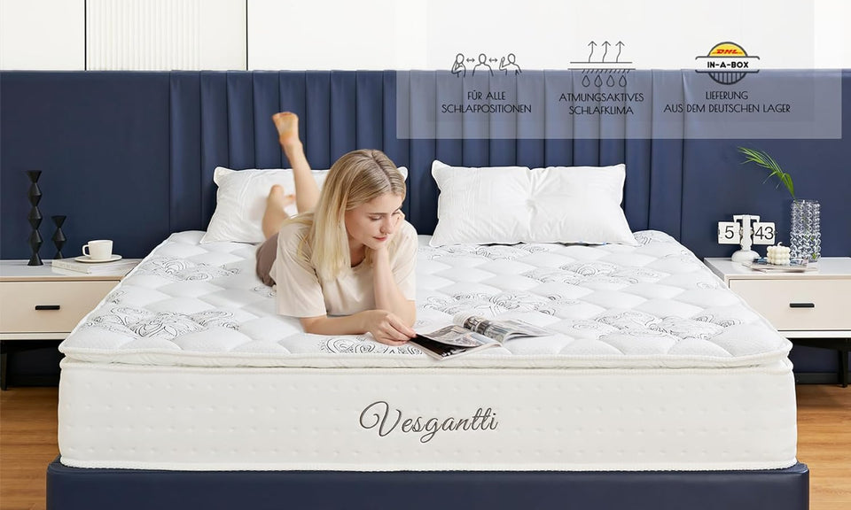 Vesgantti Matratze 26cm höhe 140x200cm H4 Orthopädische 7-Zonen Taschenfederkernmatratze Mittelfest Kaltschaummatratze Öko-Tex Zertifiziert Pillow-top Matratzen für Kinder & Erwachsene